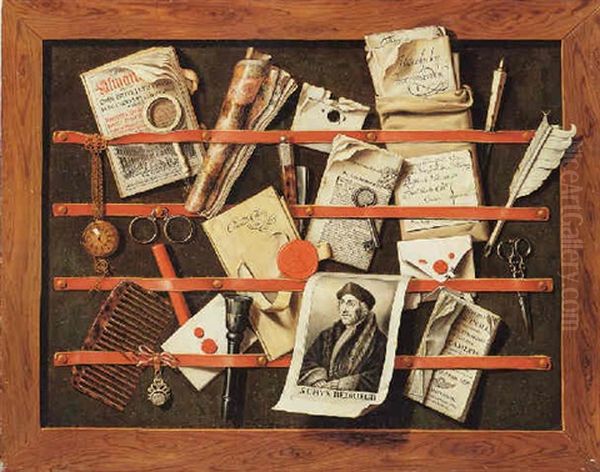 A Trompe L'oeil Still Life Of Written And Printed Documents And Other Paraphernalia Held By Strips Of Ribbon To A Framed Board Oil Painting by Edward Collier