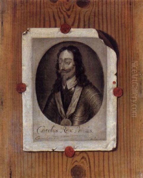 A Trompe L'oeil With An Engraving Of Charles I Attached To A Panel Oil Painting by Edward Collier