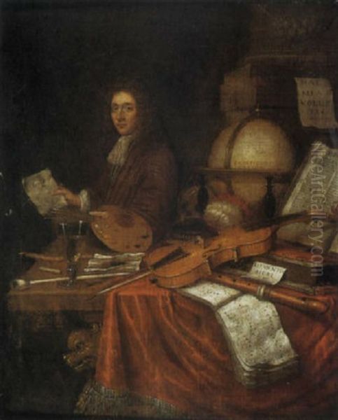 A Self Portrait Of The Artist With A Vanitas Still Life by Edward Collier