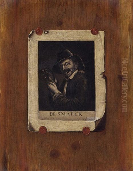 A Trompe L'oeil Still Life Of An Engraving Of A Man, Entitled De Smaeck, Affixed To A Wooden Partition Oil Painting by Edward Collier