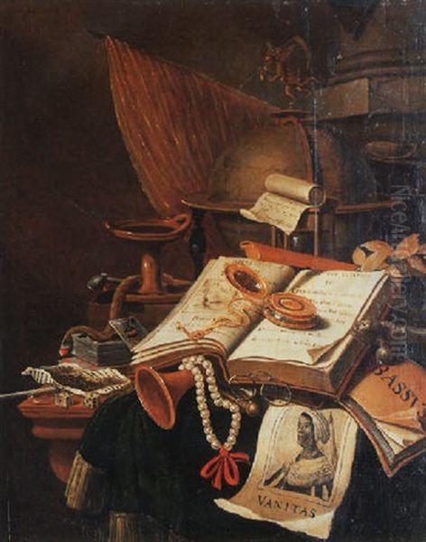 A Vanitas Still Life With An Open Book, A Watch, A Globe And Other Instruments On A Draped Table Oil Painting by Edward Collier