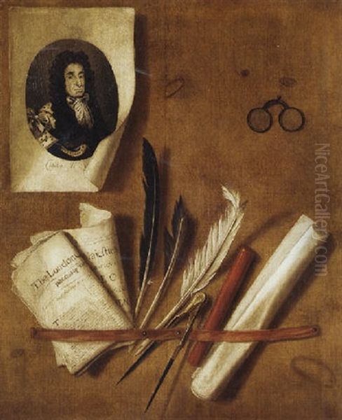 A Trompe L'oeil Still Life Of An Engraving Of King Charles Ii, Newspapers, Feathers, A Compass, And A Sealing Wax Stick Oil Painting by Edward Collier