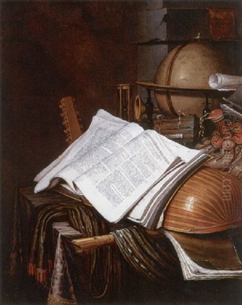 A Vanitas Still Life With A Globe, An Hourglass, A Pouch, Books, Sheet Music, And Musical Instruments On A Table by Edward Collier