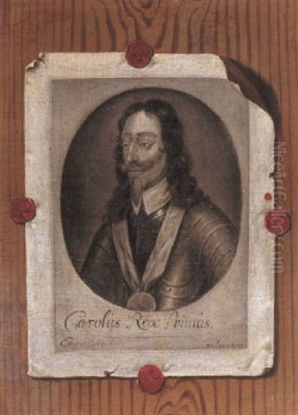 A Trompe L'oeil With An Engraving Of Charles I Attached To A Panel Oil Painting by Edward Collier