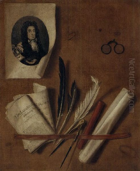 A Trompe L'oeil Still Life Of An Engraving Of King Charles Ii, Newspapers, Feathers, A Compass, A Sealing Wax Stick And A Scroll Oil Painting by Edward Collier