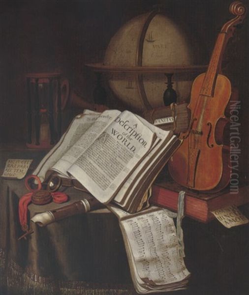 A Vanitas Still Life Of A Globe, Books, An Hourglass, Violin, Recorder, A Pocket-watch And Sheet Music, All Upon A Table Draped With A Cloth Oil Painting by Edward Collier