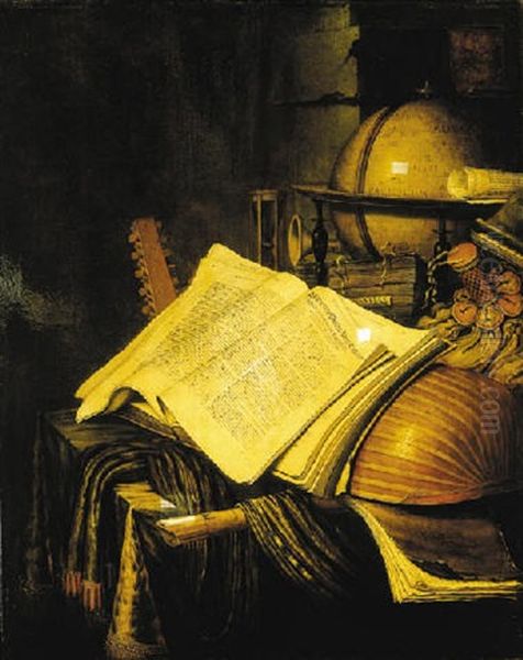 A Vanitas Still Life With A Globe, And Hourglass, A Pouch, Books, Sheet Music, A Lute And Other Musical Instruments On A Draped Table Oil Painting by Edward Collier