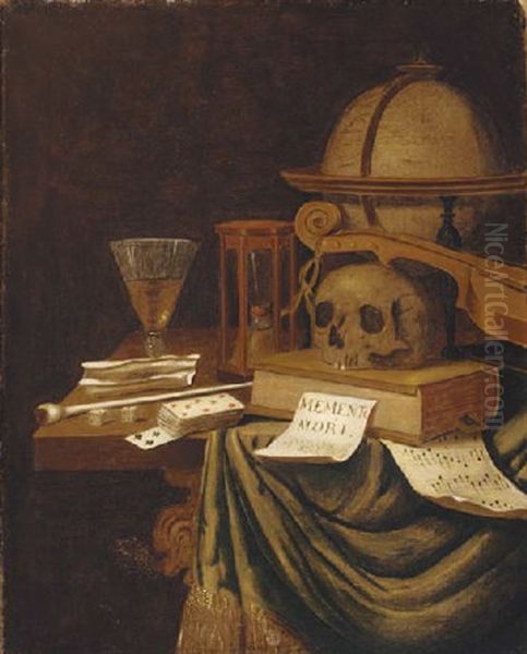 A Vanitas Still Life, With A Globe, An Hourglass, A Book, A Sheet Of Music, A Pope, Tobacco, Dice, Playing Cards A Glass, A Violin And A Sheet Of Paper Oil Painting by Edward Collier