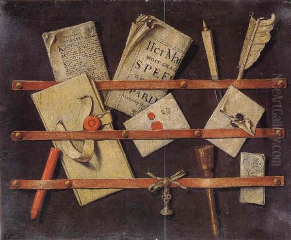 A Trompe L'oeil Of A Letter Rack Oil Painting by Edward Collier