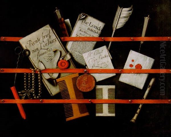 Trompe L'oeil Stilleben Med Brev, Lackstang, Musikinstrument Och Andra Foremal Oil Painting by Edward Collier