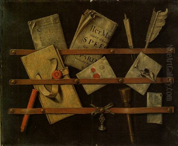 Trompe L'oeil Still Life Of A Letter Rack Holding Newspapers, Letters, A Knife, Quill, Wax And Seals Oil Painting by Edward Collier