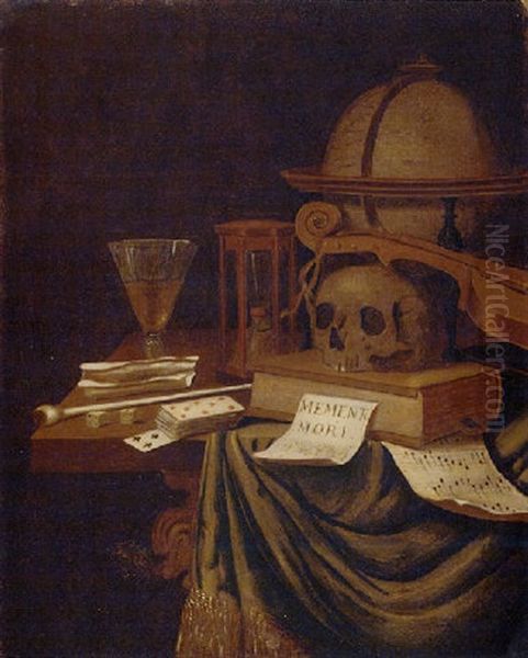 A Vanitas Still Life With A Globe, An Hour Glass, A Book And Other Objects On A Partially Draped Table Oil Painting by Edward Collier