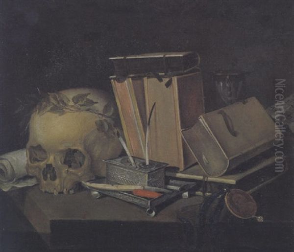 Vanitas-stilleben Mit Einem Totenkopf, Buchern Und Tintenzeug Oil Painting by Edward Collier