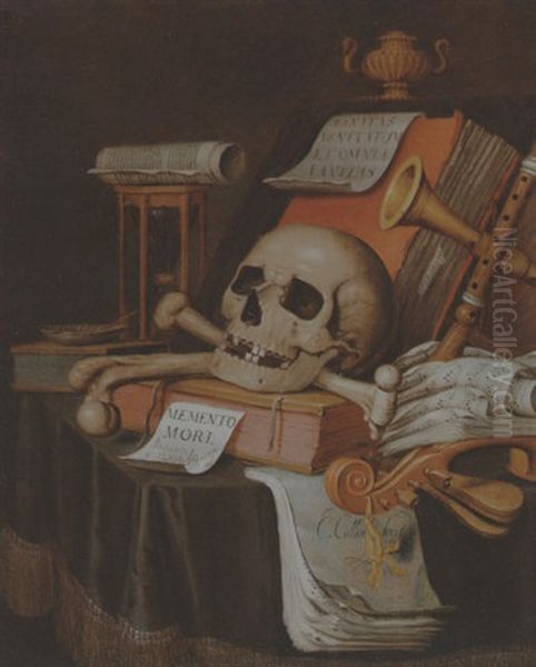 A Vanitas Still Life Of A Skull And Crossbones, Music Scores, A Scroll, Books, An Hour Glass, A Lute And Other Instruments, On A Draped Table Oil Painting by Edward Collier