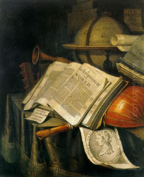 A Vanitas Still Life Of Books, Manuscripts, An Engraving Of The Emperor Augustus Caesar, Musical Instruments, And A Globe Oil Painting by Edward Collier