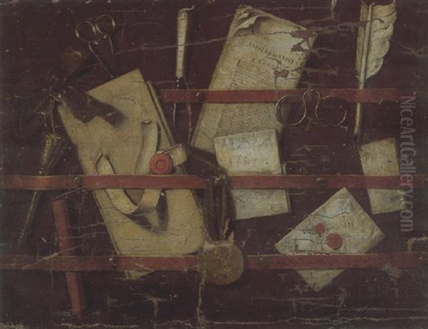 A Trompe L'oeil Of A Noticeboard, With Letters, A Dutch Newspaper, A Coin, A Pair Of Spectacles And Various Writing Implements Oil Painting by Edward Collier