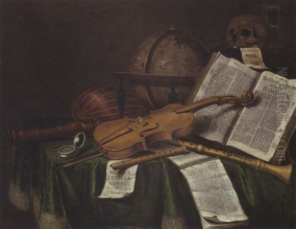 A Vanitas Still Life With An Astrological Globe, A Violin, A Skull, An Hourglass, An Open Book, A Score, A Watch, A Lute On A Draped Table Oil Painting by Edward Collier