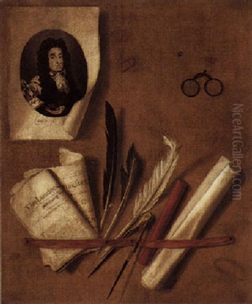 Trompe L'oeil Still Life With Letter Rack And Engraving Of A Portrait Of Charles Ii by Edward Collier