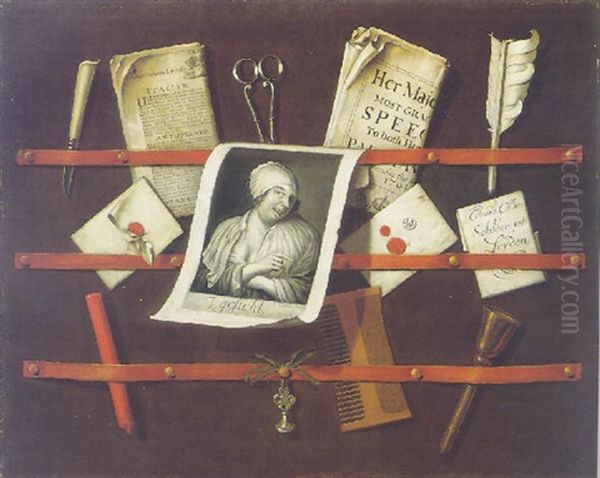 Trompe L'oeil Still Life Of A Letter Rack Oil Painting by Edward Collier