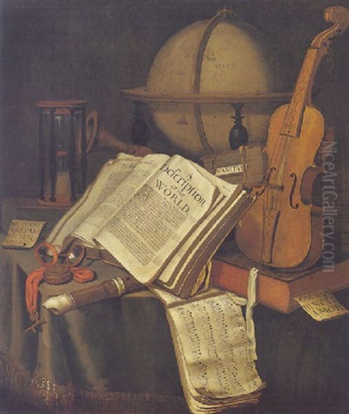 A Vanitas Still Life Of Books, A Musical Score, A Violin And Other Musical Instruments And Objects On A Draped Table Oil Painting by Edward Collier