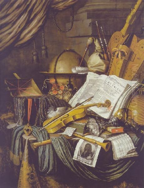 A Vanitas Still Life: A Globe, A Casket Of Jewels And Medallions, Books, A Hurdy Gurdy, A Bagpipe, A Lute And Other Objects Oil Painting by Edward Collier