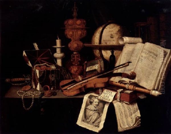 A Vanitas Still Life With A Candlestick, Musical Instruments, Books, An Open Jewelry Casket And Other Objects On A Table Oil Painting by Edward Collier