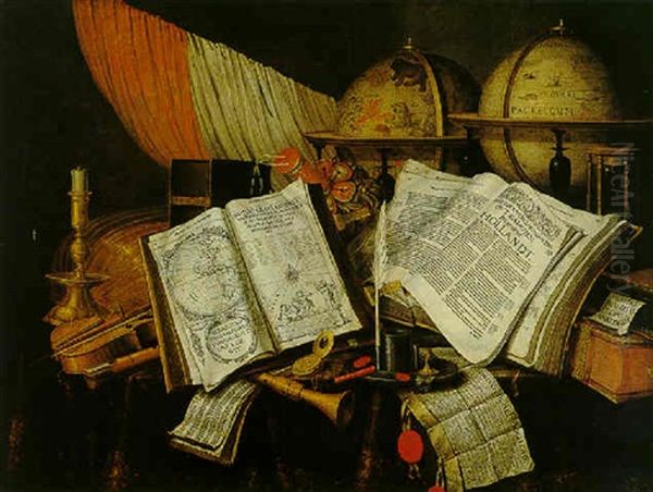 A Vanitas Still Life With A Candlestick, Musical Instruments, Dutch Books And Other Books, All On A Draped Table Oil Painting by Edward Collier