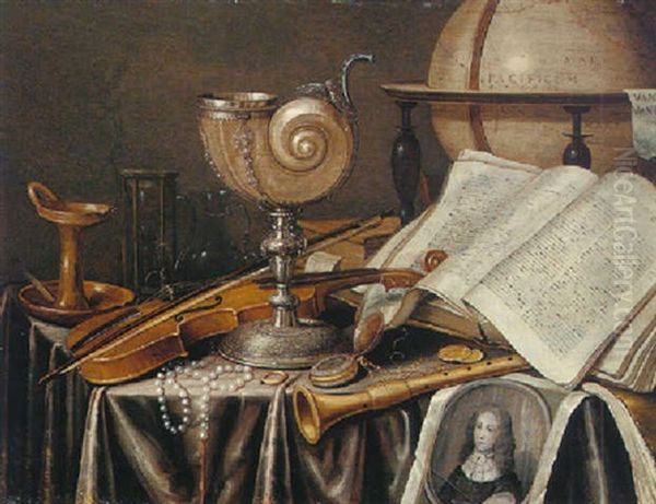 A Vanitas Still Life On A Nautilius Cup, A Book, A Globe And Others Objects All On A Table Draped With A Grey Cloth Oil Painting by Edward Collier