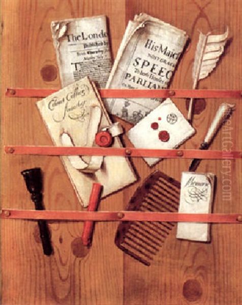 Trompe L'oeil Still Life Of A Letter Rack Holding Newspapes, Letters, A Comb, A Knife, A Quill, Wax And A Seal Oil Painting by Edward Collier