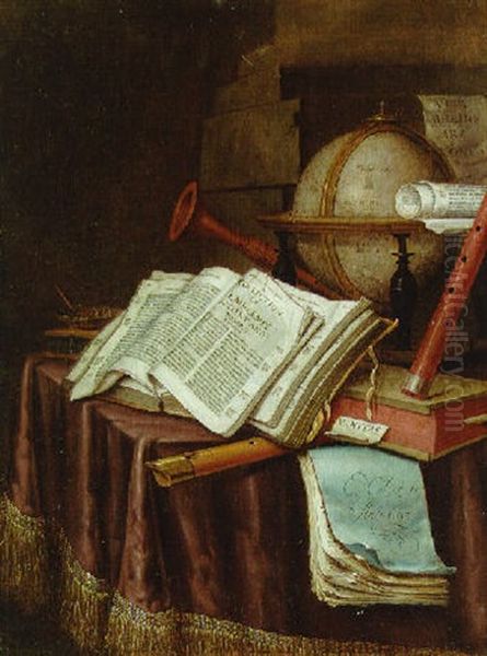 A Vanitas Still Life With A Globe, Musical Instruments, A Score And An Emblem Book On A Draped Table Before A Column Oil Painting by Edward Collier