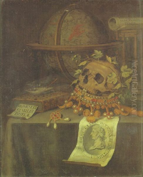 A Vanitas Still Life With A Skull In A Jewelled Crown, An Astrological Globe, A Portrait Of Emperor Augustus And Other Objects On A Draped Table Oil Painting by Edward Collier