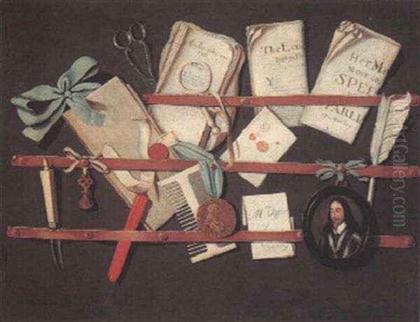 Trompe L'oeil With A Letter Rack And A Miniature Of Charles I Oil Painting by Edward Collier