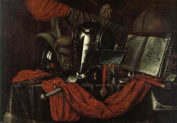 A Suit Of Armor, A Sword, A Rifle And Other Objects On A Draped Table Oil Painting by Edward Collier