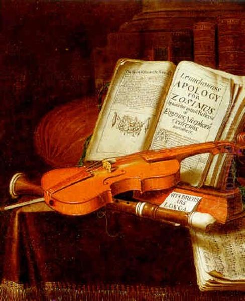 Still Life With A Violin, A Recorder, A Lute, Books And Music Oil Painting by Edward Collier