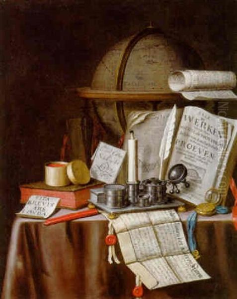 Books, Manuscripts, A Globe And Other Objects On A Draped Table Oil Painting by Edward Collier