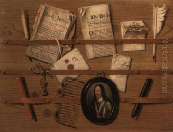 A Trompe-l'oeil Of Letters, Pamphlets, A Quill And Other Objects Oil Painting by Edward Collier