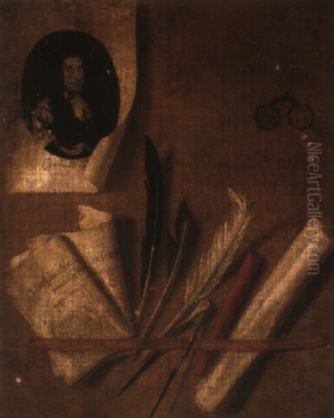 Trompe-l'oeil Still Life With Papers, Spectacles, Feathers And Print Of A King Oil Painting by Edward Collier