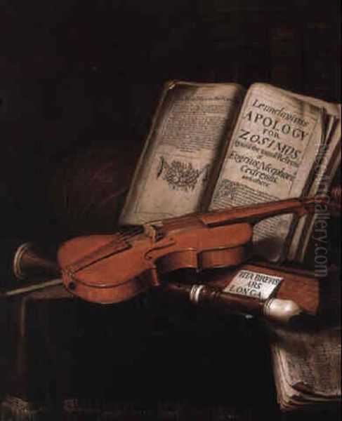 Still Life With A Violin, A Recorder, A Lute, Books And Music Oil Painting by Edward Collier