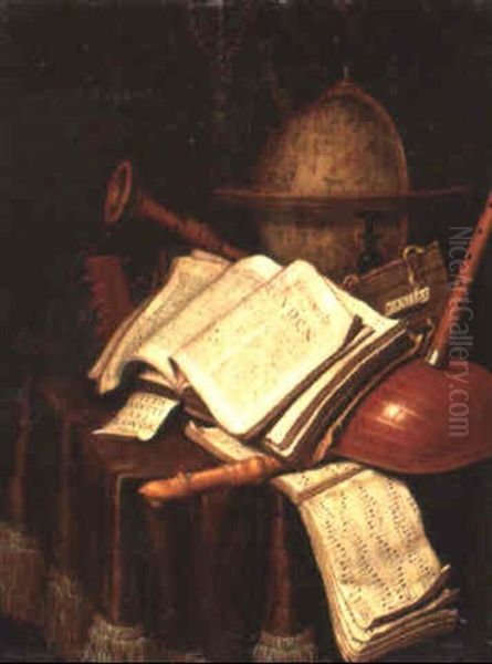 A Globe, Musical Instruments, A Score And Books On A Draped Table Oil Painting by Edward Collier