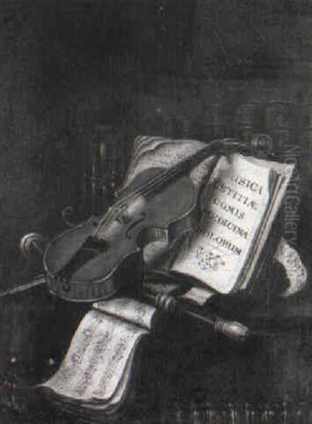 A Vanitas Still Life Of A Violin, Recorder, Books And Hourglass On A Table by Edward Collier