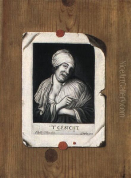 Trompe L'oeil Of A Print Showing An Allegory Of Sight Oil Painting by Edward Collier