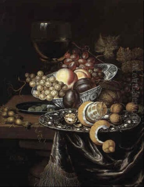 Still Life With Roemer, Fruit And Walnuts On A Draped Table Oil Painting by Edward Collier