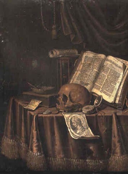 Vanitas Still Life With A Skull, Hourglass, Books And Bubbles In A Shell Oil Painting by Edward Collier