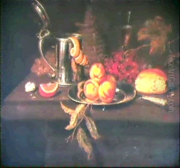 Stilleben Mit Zinnkrug, Weinkelch, Korbflasche,             Traubenzweigen, Orangenschnitz, ... Oil Painting by Edward Collier