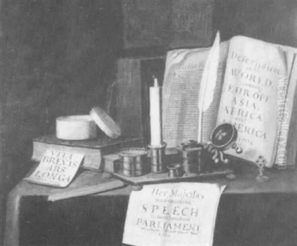 A Vanitas Still Life Of Books, A Pewter                     Standish And Papers On A Draped Table Oil Painting by Edward Collier