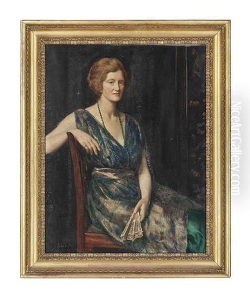 Portrait Of A Lady, Thought To Be Mrs Geoffrey Pynam Of Guildford, Seated, In A Green Dress Oil Painting by John Collier