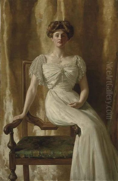 Portrait Of The Hon. Mrs Harold Ritchie, Seated In A White Dress With Lace Trim Oil Painting by John Collier