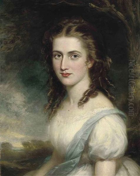 Portrait Of Eleanor Methuen (nee Harford), In A White Dress And Blue Sash Oil Painting by John Collier