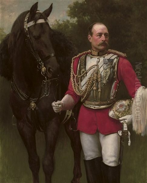 Portrait Of Colonel Rowland Beech In The Uniform Of An Officer Of The Life Guards, With His Horse Oil Painting by John Collier