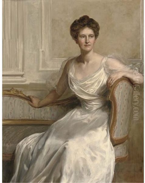 Portrait Of Mary Frances Wilson, Seated Three-quarter-length, In A White Dress, In An Interior Oil Painting by John Collier